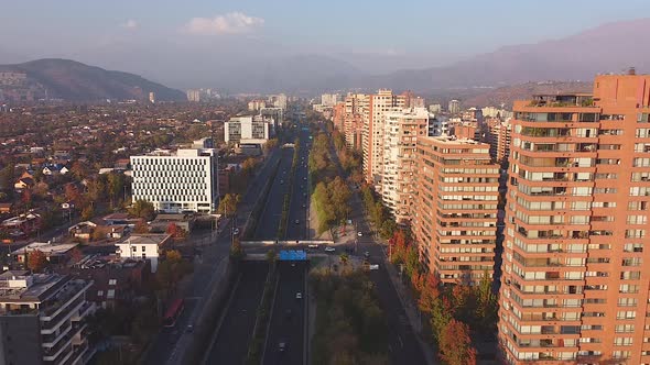 Pdte Kennedy avenue in Santiago de Chile. Driving in the city on streets and highways. Real estate b