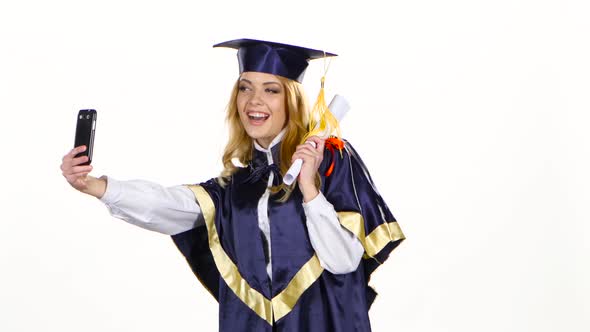 Selfe Photo with Diploma. Graduate. White