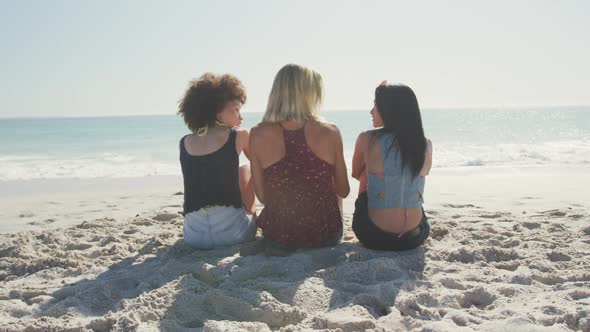 Rear view of mixed race friends talking in front of the sea