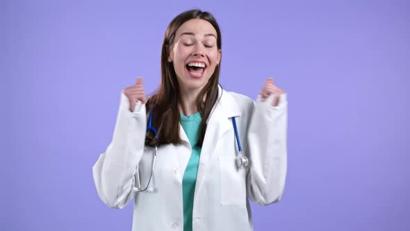 Excited Happy Doctor Woman in Medical Coat is Very Glad She Screaming Loud