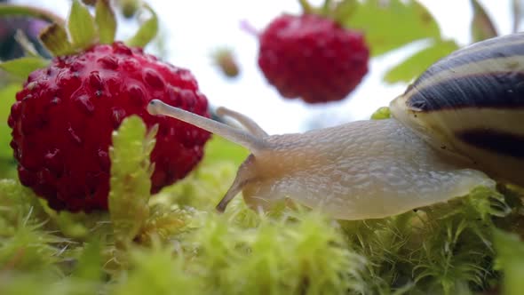 Snail Closeup Looking at the Red Strawberries