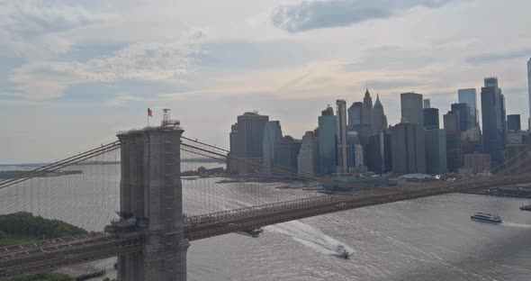 Panoramic view on yacht transporting passengers on Hudson river New York Manhattan