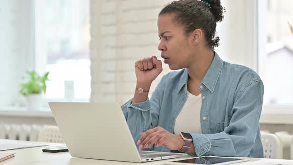 Coughing Sick Young African Woman Working on Laptop, Throat Sore