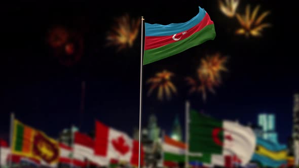 Azerbaijan Flag With World Globe Flags And Fireworks