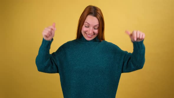 Young Red Hair Woman Posing Isolated on Yellow Color Background Studio