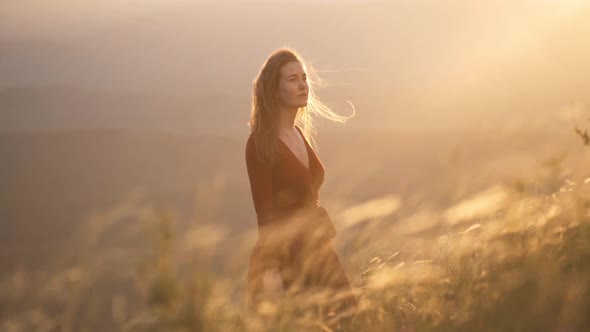 A Beautiful Woman in a Red Dress Stands in a Field with Ears of Corn and the Sun Shines on Her