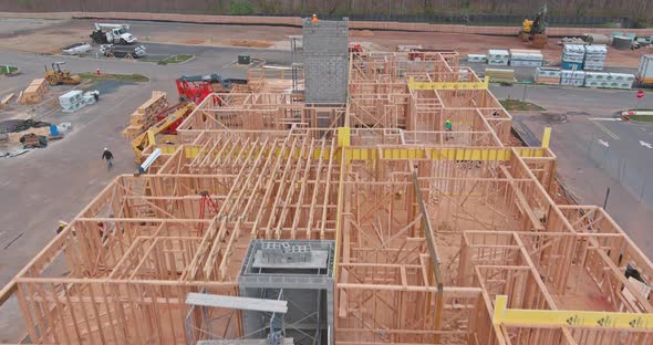 Exterior with wood framing beam of new house under construction