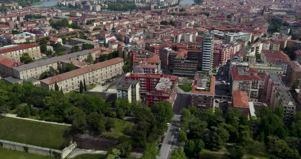 Verona, Italy, Panoramic Aerial View Over City in Summer, Dolly Out