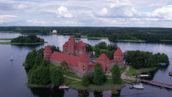 smooth aerial footage of the ancient Trakai castle on the island