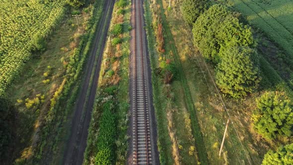 Railway and green grass top view.