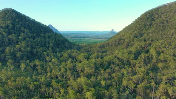 Aerial view of Mt Tunbubudla, Glass House Mountains, Queensland, Australia.