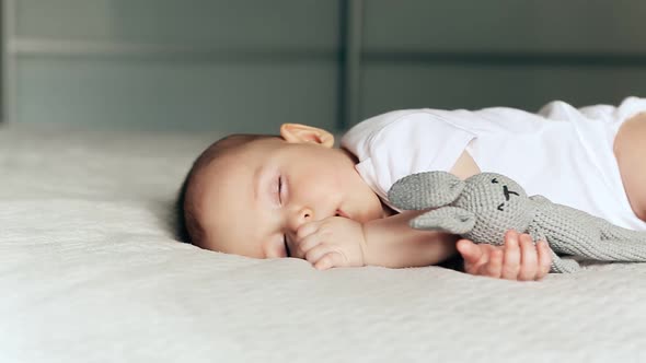 Sleeping Cute Baby Boy on a Blanket with a Grey Hare in Hand