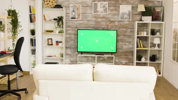 Green Screen Tv in a Bright and Well Lit Living Room