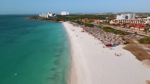 Aerial From Eagle Beach on Aruba in the Caribbean Bird Ey View at the Beach with Umbrella at Aruba