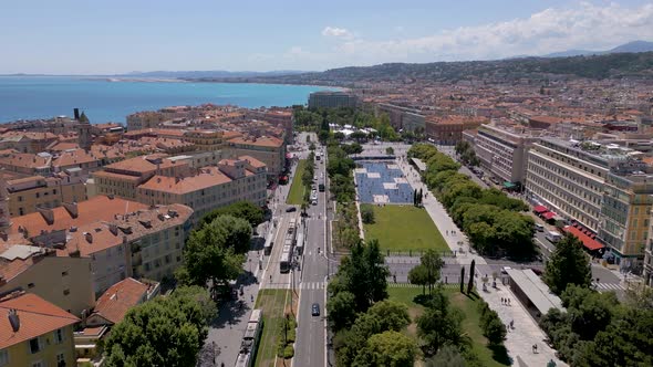 Aerial shot of Promenade du Paillon park in Nice, Cote d'Azur, France