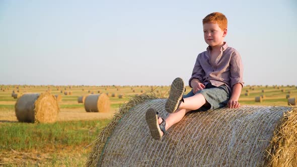 A Red-haired Boy Sits on Top of a Straw Bale on a Wheat Field