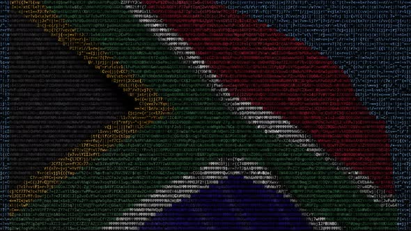 Waving Flag of South Africa Made of Text Symbols on a Screen alt
