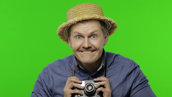 Portrait of Young Man Tourist Photographer. Funny Crazy Guy. Chroma Key