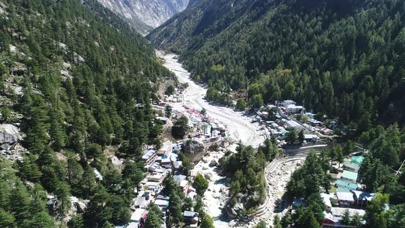 Gangotri village in the state of Uttarakhand in India seen from the sky