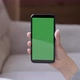 Isolated woman hands holding vertical smartphone with green mock up screen. Business woman browsing - VideoHive Item for Sale