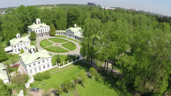 Aerial green landscape of Tsaritsyno museum and reserve in Moscow