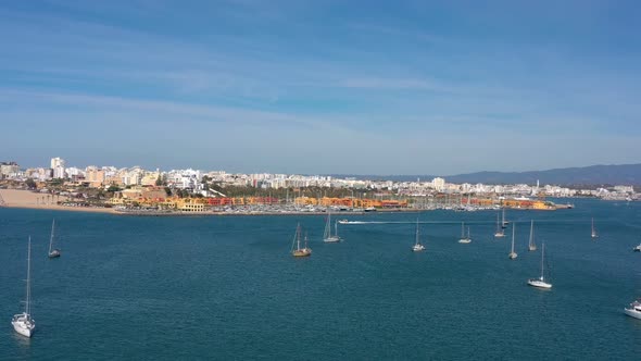 Aerial View of the Portuguese Marina Bay in the Tourist Town of Portimao Yacht Boats of Luxury