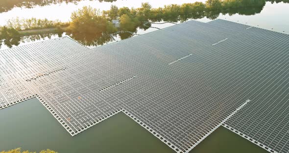 Panorama View the Floating Solar Panels on Water in Alternative Energy