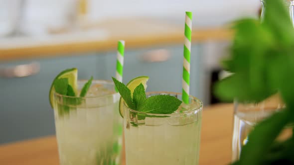 Glasses of Lime Mojito Cocktail at Home Kitchen