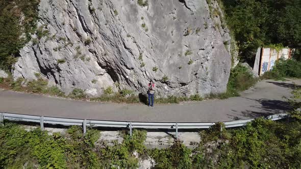 Aerial view from a drone on a road in the mountains.