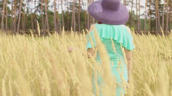 Rear View of Young Woman in Dress and Hat Standing in Wheat Field