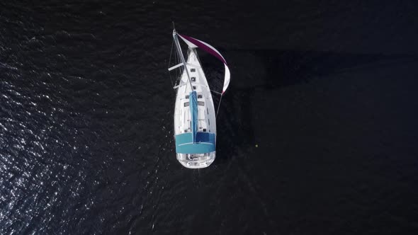 Ship with Open Sail in the Sea Drone View