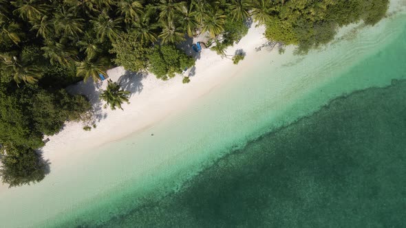 Top view of coastline with white sand and sunbeds on the beach maldives island