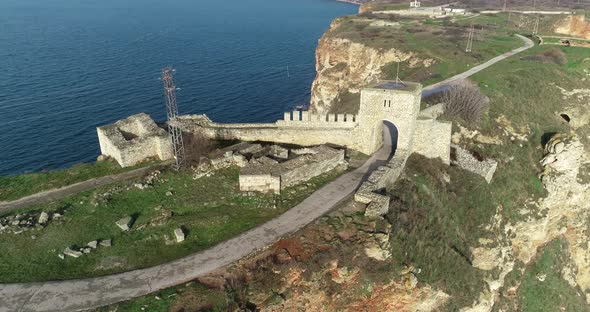 Gate of ancient fortress Kaliakra on a cape Kaliakra. Aerial view. North-east Bulgaria,