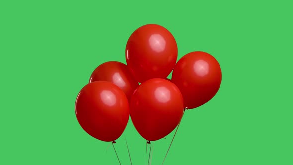 Many Red Oval Shaped Balloons Hanging in the Air Against the Background of a Green Screen Chroma Key