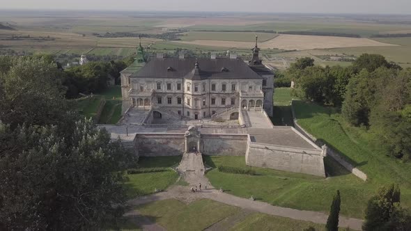 Aerial To Old Romantic Palace Castle Pidhirci in Ukraine