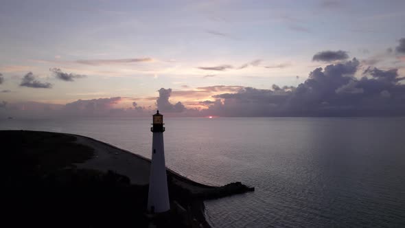 Drone pull out of lighthouse at Sunrise or sunset.