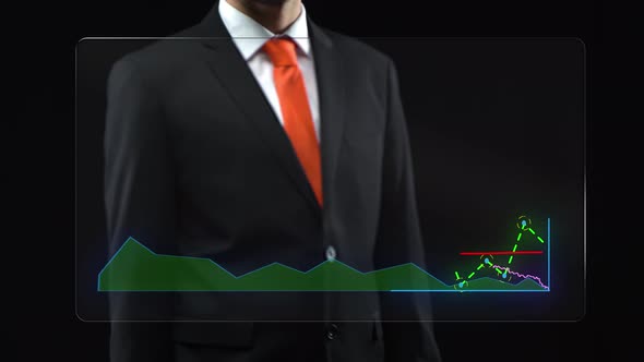 Businessman Uses Holographic Interface, Drawing an Ascending Financial Chart. Touchscreen.