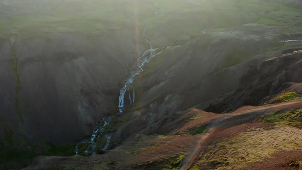 Landscape Spectacular Aerial View of Thorsmork Mountains Canyon and River in Iceland