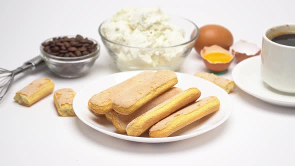 Ingredients for Cooking Tiramisu - Savoiardi Biscuit Cookies, Mascarpone, Cream, Sugar, Cocoa