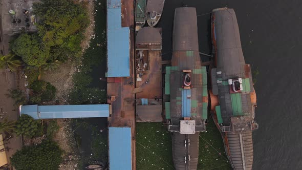 Aerial old wreckage of rocket steamer ships at the port of Buriganga River at Dhaka in Bangladesh. d