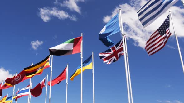 various world flags flying on flagpoles at canberra