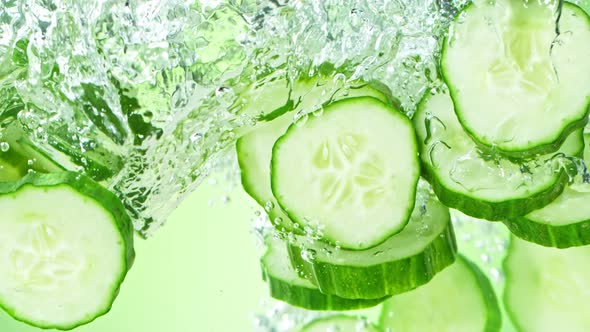 Super Slow Motion Shot of Cucumber Slices Falling Into Water on Green Background at 1000Fps