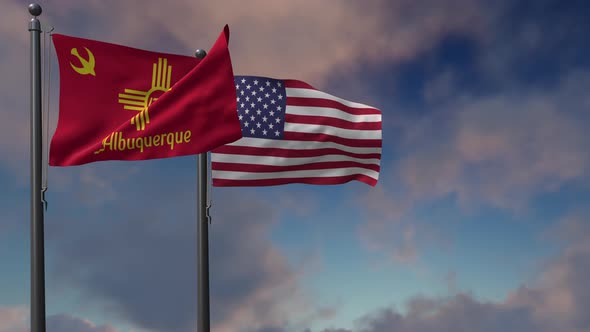 Albuquerque City Flag Waving Along With The National Flag Of The USA - 4K