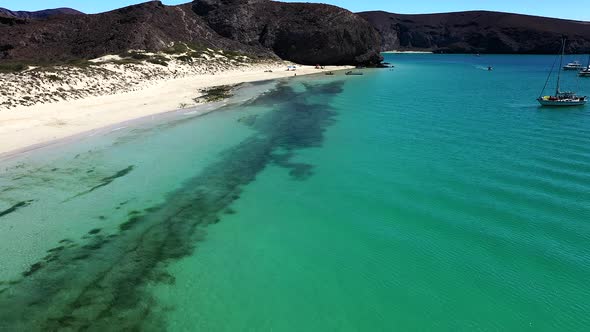 Panorama Of  Sand Dunes And Rocky Cliff At  Balandra Beach In Baja California Sur, Mexico. aerial