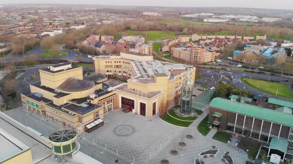 Aerial view of Basildon Town Centre and Gloucester Park in the distance