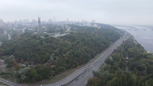 Symbol of Kyiv, Ukraine: Motherland Monument. Aerial View, Slow Motion. Kiev