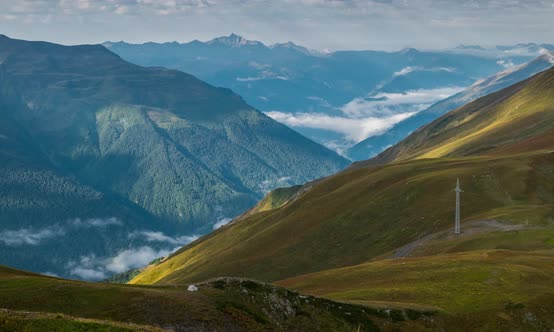 Landscape Timelapse of Sunrise in Mountains Aerial View with Electric Pole and Tourist Tent