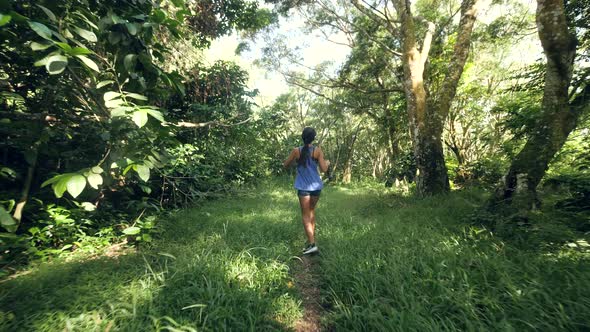 Young Woman Dancing While Walking in the Forest. Freedom and Happiness Concept