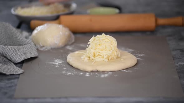 Closeup Hands of Female Baker Preparing Traditional Georgian Cuisine Khachapuri