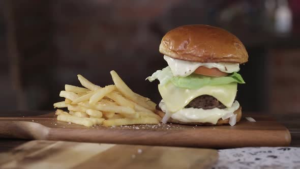 Beef Cheese Burger With French Fries Display - Slider - Moving Away